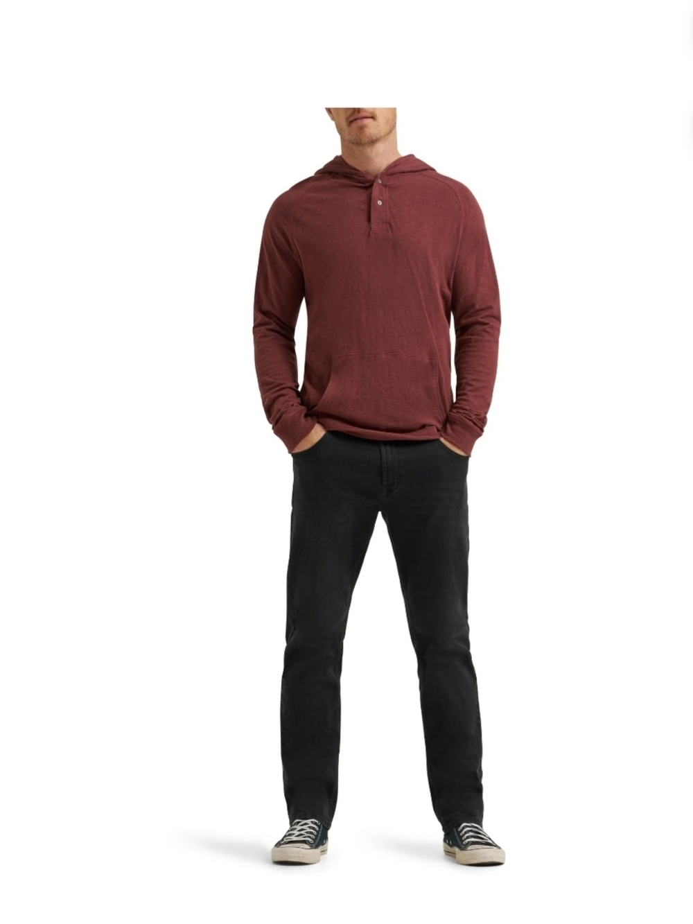 Wrangler Men's Henley  Long-Sleeve Hoodie Bitter Chocolate / Maroon - Picture 4 of 6